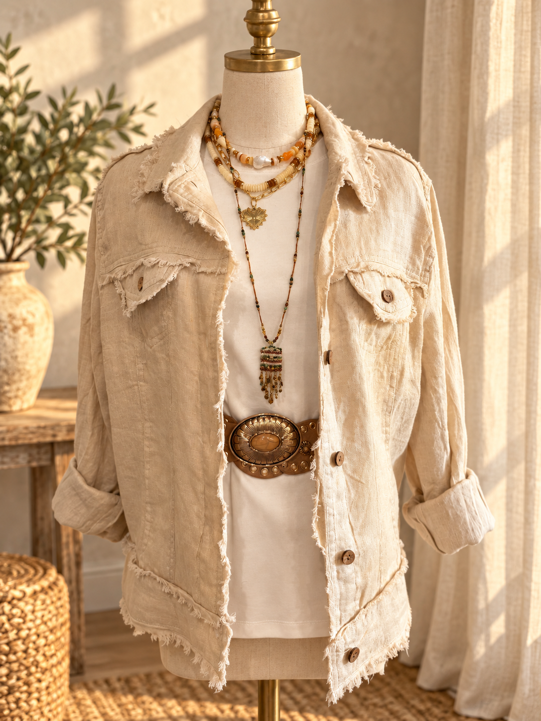Ivory linen jacket with layered jewelry and a statement belt