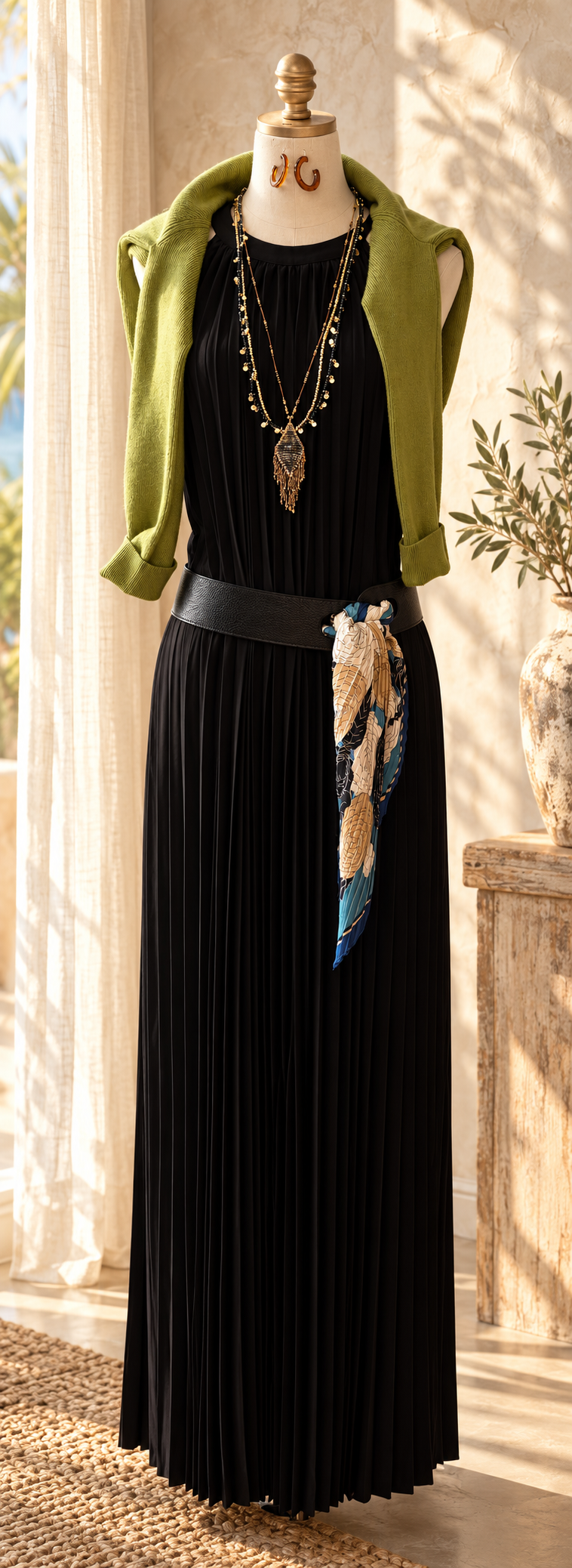 Black pleated dress styled with a moss green sweater and silk scarf