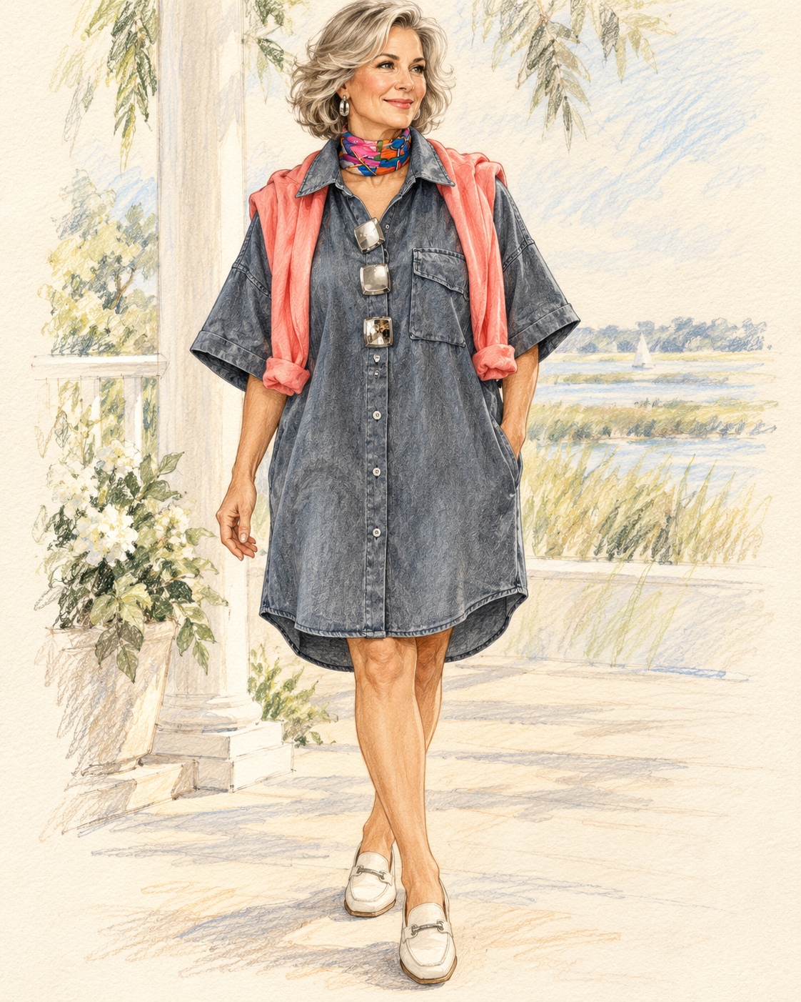Fashion illustration of a charcoal denim dress with coral sweater