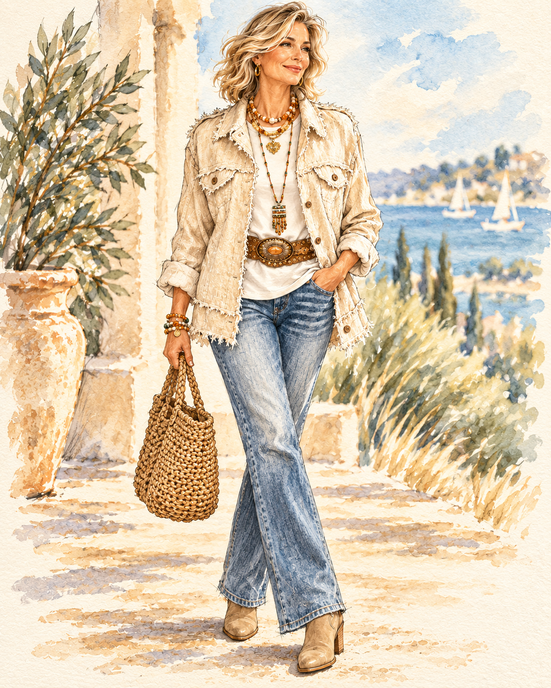 Fashion illustration of an ivory linen jacket and relaxed denim